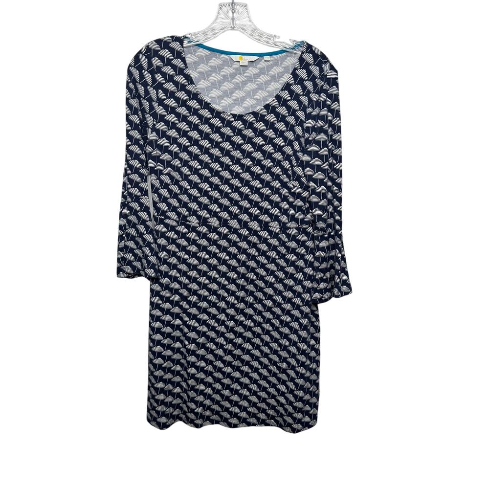 Boden Navy Blue Geometric Print Dress Long Sleeve Scoop‎ Neck Stretch Size 12